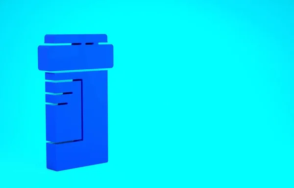 Kék gyógyszer palack ikon elszigetelt kék alapon. Üvegpirula jel. Gyógyszerészeti tervezés. Minimalizmus koncepció. 3d illusztráció 3D render — Stock Fotó