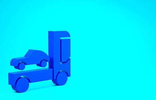 Blue Car transporter truck for transportation of car icon isolated on blue background. Minimalism concept. 3d illustration 3D render
