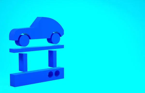 Автомобіль Blue Repair на піктограмі ліфта ізольований на синьому фоні. Ремонт кузова, підвіски, коліс і двигуна. Концепція мінімалізму. 3D ілюстрація 3D рендеринга — стокове фото