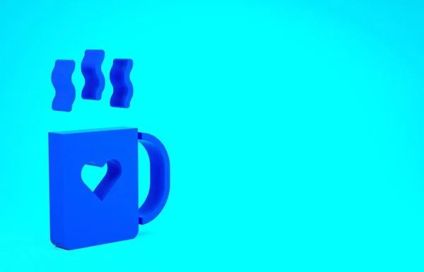 Blue Coffee filiżanka i ikona serca izolowane na niebieskim tle. Kawa dla zakochanych w Walentynki. Koncepcja minimalizmu. Ilustracja 3D 3D renderowania — Zdjęcie stockowe