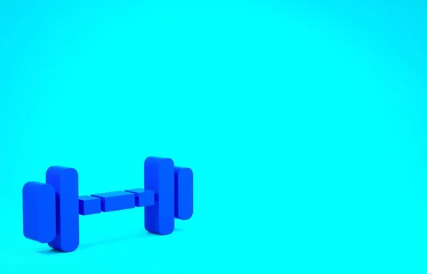 Blue Dumbbell icon isolated on blue background. Muscle lifting icon, fitness barbell, gym, sports equipment, exercise bumbbell. Minimalism concept. 3d illustration 3D render — Stock Photo, Image