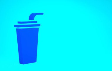 Mavi kağıt bardak ve mavi arka planda izole edilmiş pipet ve su ikonu. Soda bardağı. Taze soğuk içecek sembolü. Minimalizm kavramı. 3d illüstrasyon 3B canlandırma