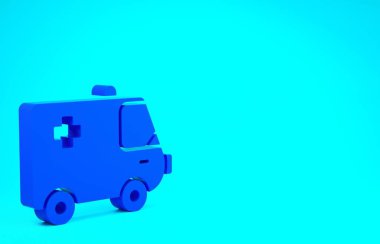Mavi ambulans ve acil durum arabası ikonu mavi arka planda izole edildi. Ambulans aracı tıbbi tahliye. Minimalizm kavramı. 3d illüstrasyon 3B canlandırma