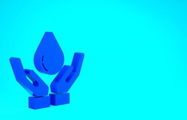 Mavi arka planda sabun ikonu olan mavi yıkama elleri. Virüs ve bakterileri önlemek için ellerini sabunla yıkıyorsun. Minimalizm kavramı. 3d illüstrasyon 3B canlandırma