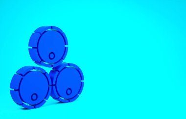 Mavi Tahta Variller ikonu mavi arka planda izole edildi. Alkol fıçısı, içki kabı, bira için tahta fıçı, viski, şarap. Minimalizm kavramı. 3d illüstrasyon 3B canlandırma