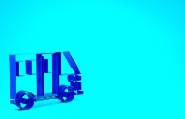 Mavi Okul Otobüsü simgesi mavi arkaplanda izole edildi. Toplu taşıma sembolü. Minimalizm kavramı. 3d illüstrasyon 3B canlandırma