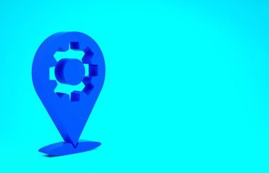 Mavi arka planda vites simgesine sahip mavi konum. Minimalizm kavramı. 3d illüstrasyon 3B canlandırma