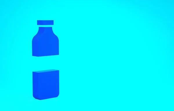 Blaue Wasserflasche auf blauem Hintergrund. Soda Aqua Drink Zeichen. Minimalismus-Konzept. 3D Illustration 3D Renderer — Stockfoto