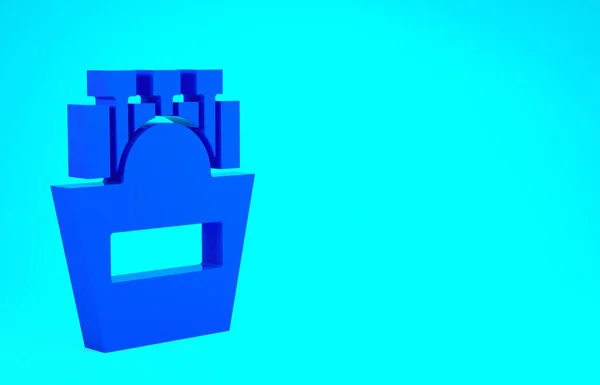 Niebieskie ziemniaki frytki w kartoniku ikona pudełka izolowane na niebieskim tle. Szybkie menu. Koncepcja minimalizmu. Ilustracja 3D 3D renderowania — Zdjęcie stockowe