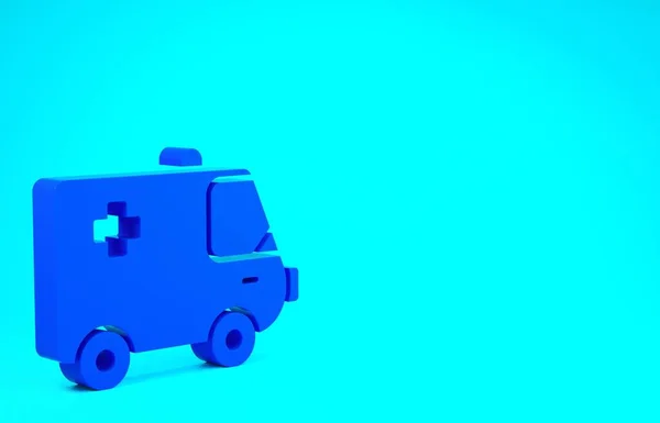 Niebieski ambulans i ikona awaryjnego samochodu na niebieskim tle. Ewakuacja medyczna karetki. Koncepcja minimalizmu. Ilustracja 3D 3D renderowania — Zdjęcie stockowe