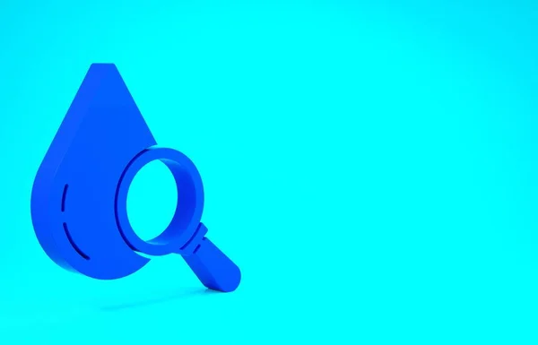 Blue Drop e lupa ícone de vidro isolado no fundo azul. Conceito de minimalismo. 3D ilustração 3D render — Fotografia de Stock