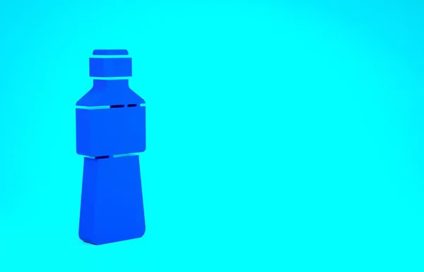 Blå flaske med vannikon isolert på blå bakgrunn. Et tegn på brus. Minimaliseringskonsept. 3d illustrasjon 3D render – stockfoto