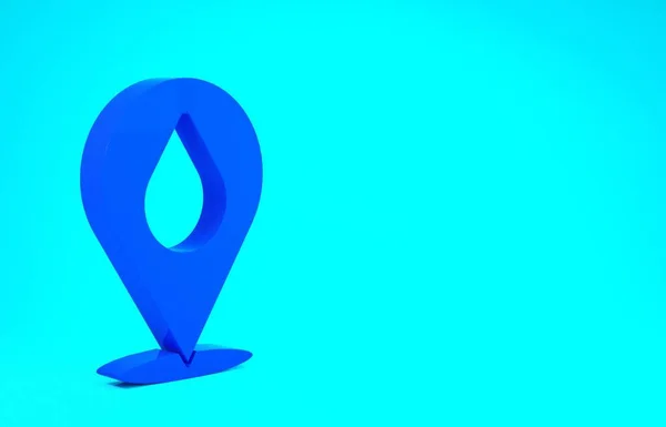 Голубая капля воды со значком места, выделенным на синем фоне. Концепция минимализма. 3D-рендеринг — стоковое фото