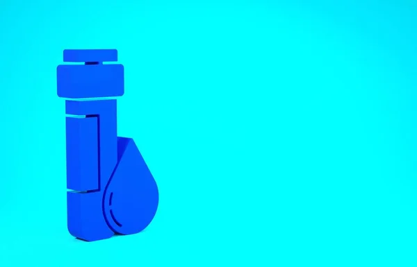 Μπλε δοκιμαστικός σωλήνας με εικονίδιο σταγόνας νερού που απομονώνεται σε μπλε φόντο. Μινιμαλιστική έννοια. 3d απεικόνιση 3D καθιστούν — Φωτογραφία Αρχείου