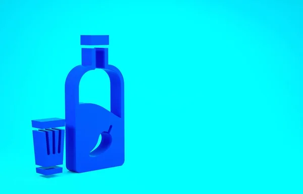 Blauer Wodka mit Pfeffer und Glassymbol isoliert auf blauem Hintergrund. Ukrainischer Nationalalkohol. Minimalismus-Konzept. 3D Illustration 3D Renderer — Stockfoto