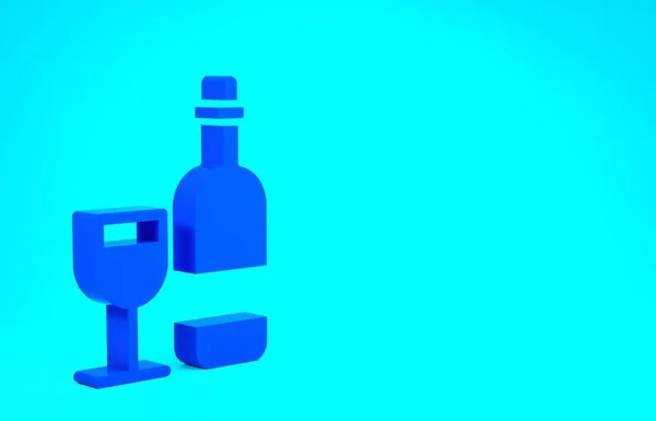 Modrá láhev vína se skleněnou ikonou izolované na modrém pozadí. Minimalismus. 3D ilustrace 3D vykreslení — Stock fotografie