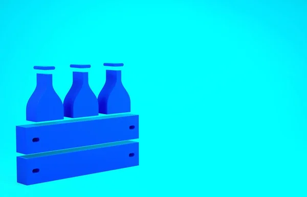 Bottiglie di vino blu in una scatola di legno icona isolata su sfondo blu. Bottiglie di vino in una cassa di legno icona. Concetto minimalista. Illustrazione 3d rendering 3D — Foto Stock