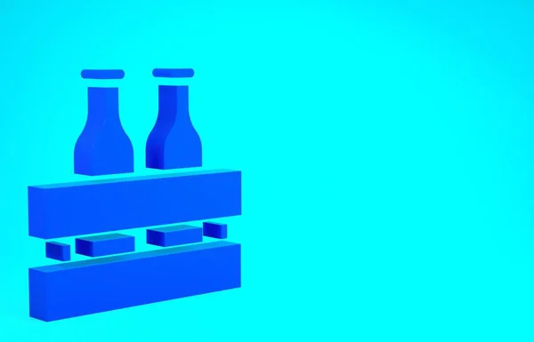 Blue Pack de botellas de cerveza icono aislado sobre fondo azul. Caja de madera y botellas de cerveza. Cartel de caja de cerveza caja de caja. Concepto minimalista. 3D ilustración 3D render — Foto de Stock