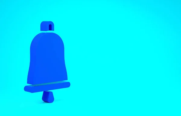Ікона синього дзвону ізольована на синьому фоні. Символ тривоги, дзвінок, знак ручного дзвінка, символ сповіщення. Концепція мінімалізму. 3D-рендеринг — стокове фото