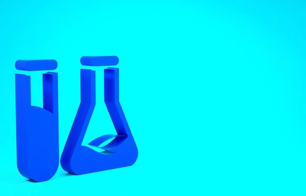 Tubo de teste azul e frasco ícone de teste de laboratório químico isolado em fundo azul. Sinal de vidro de laboratório. Conceito de minimalismo. 3D ilustração 3D render — Fotografia de Stock