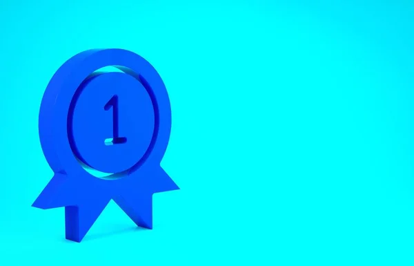 Ícone medalha azul isolado no fundo azul. Assinatura de conquista do vencedor. Medalha de prémio. Conceito de minimalismo. 3D ilustração 3D render — Fotografia de Stock