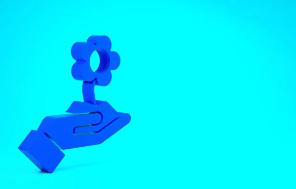 Blue Hand holding flower icon isolated on blue background. Seed and seedling. Planting sapling. Ecology concept. Minimalism concept. 3d illustration 3D render