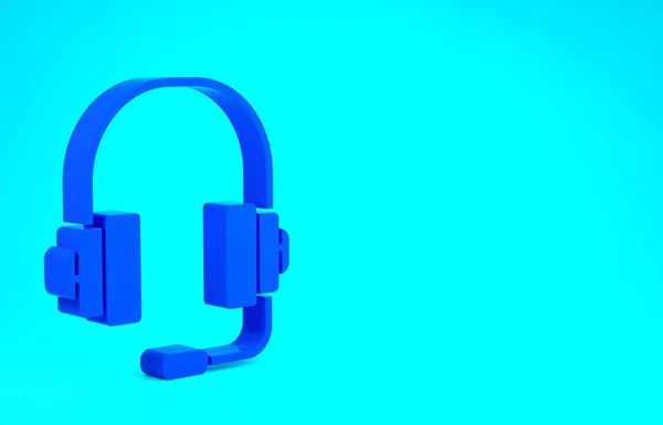 Niebieskie słuchawki ikona izolowane na niebieskim tle. Obsługa klienta, infolinia, call center, faq, konserwacja. Koncepcja minimalizmu. Ilustracja 3D 3D renderowania — Zdjęcie stockowe