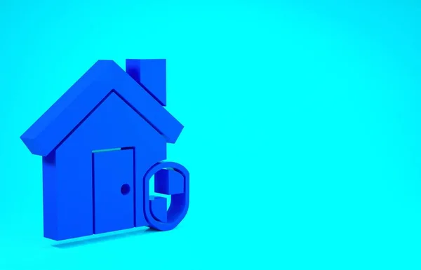 블루 하우스는 보호 아이콘으로 파란색 배경에 고립되어 있습니다. 집과 방패. 보호, 안전, 보안, 보호, 방어 개념. 미니멀리즘의 개념입니다. 3d 삽화 3D 렌더링 — 스톡 사진