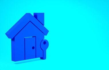 Mavi arka planda anahtar simgesi olan Mavi Saray. Ev anahtarının konsepti. Minimalizm kavramı. 3d illüstrasyon 3B canlandırma
