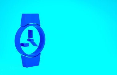 Mavi bilek saat simgesi mavi arkaplanda izole edildi. Kol saati simgesi. Minimalizm kavramı. 3d illüstrasyon 3B canlandırma
