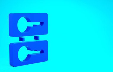 Mavi arkaplanda izole edilmiş döküm tuşları simgesi için Mavi Metal kalıp kalıpları. Seri üretim ve anahtarların sahtesi için ayarlandı. Minimalizm kavramı. 3d illüstrasyon 3B canlandırma
