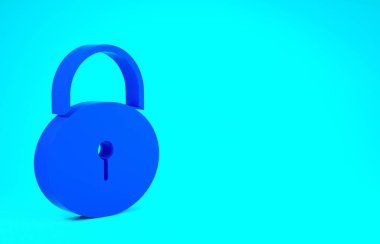 Mavi Kilit simgesi mavi arkaplanda izole edildi. Asma kilit işareti. Güvenlik, güvenlik, koruma, gizlilik kavramı. Minimalizm kavramı. 3d illüstrasyon 3B canlandırma