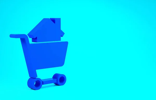 Niebieski koszyk z ikoną domu na niebieskim tle. Kupić dom. Pożyczka domowa, czynsz, zakup nieruchomości. Koncepcja minimalizmu. Ilustracja 3D 3D renderowania — Zdjęcie stockowe