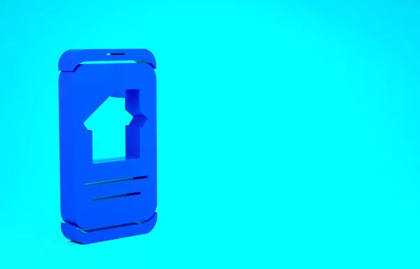 Синий дом недвижимости онлайн на значке смартфона выделен на синем фоне. Концепция жилищного кредита, аренда, покупка, покупка недвижимости. Концепция минимализма. 3D-рендеринг — стоковое фото