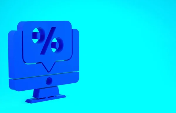 Blue Percent desconto e ícone monitor isolado no fundo azul. Percentagem de venda - etiqueta de preço, tag. Conceito de minimalismo. 3D ilustração 3D render — Fotografia de Stock
