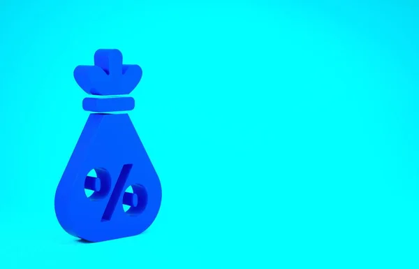 Bolsa Blue Money com ícone percentual isolado no fundo azul. Cash Banking sinal de moeda. Conceito de minimalismo. 3D ilustração 3D render — Fotografia de Stock