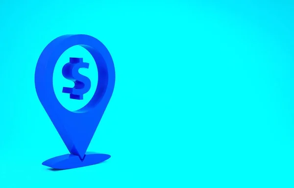 Icône de localisation Blue Cash isolée sur fond bleu. Pointeur et symbole dollar. Emplacement de l'argent. Concept d'entreprise et d'investissement. Concept de minimalisme. Illustration 3D rendu 3D — Photo