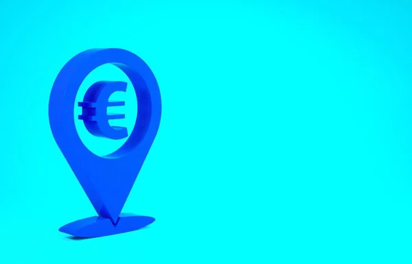 Ikona lokalizacji Blue Cash odizolowana na niebieskim tle. Wskaźnik i symbol euro. Lokalizacja pieniędzy. Koncepcja biznesu i inwestycji. Koncepcja minimalizmu. Ilustracja 3D 3D renderowania — Zdjęcie stockowe