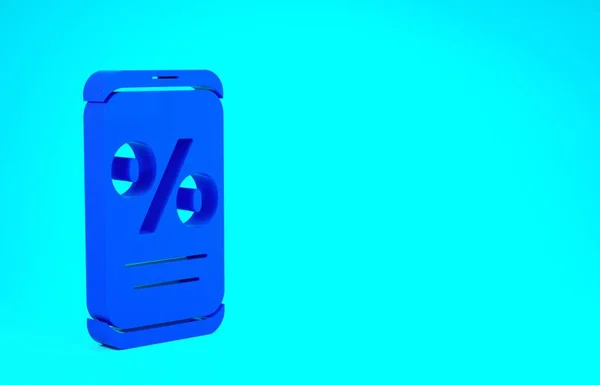 Azul por cento de desconto e ícone do telefone celular isolado no fundo azul. Percentagem de venda - etiqueta de preço, tag. Conceito de minimalismo. 3D ilustração 3D render — Fotografia de Stock