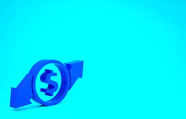Croissance financière bleue et icône de pièce de monnaie en dollars isolés sur fond bleu. Augmentation des recettes. Concept de minimalisme. Illustration 3D rendu 3D — Photo