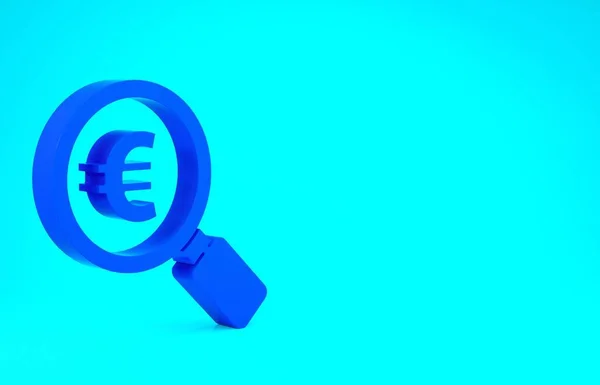 Blaue Lupe und Euro-Symbol isoliert auf blauem Hintergrund. Finden Sie Geld. Auf der Suche nach Geld. Minimalismus-Konzept. 3D Illustration 3D Renderer — Stockfoto