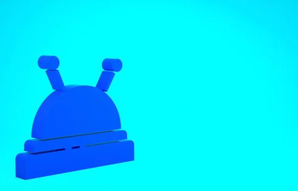파란네들 침대와 바늘 모양의 아이콘은 파란 배경에 분리되어 있습니다. 손으로 만들고 바느질하는 주제. 미니멀리즘의 개념입니다. 3d 삽화 3D 렌더링 — 스톡 사진