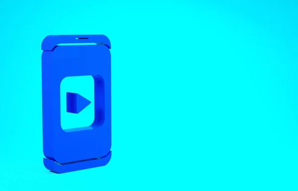 Blue Online přehrát video ikonu izolované na modrém pozadí. Smartphone a filmový proužek s hracím znakem. Minimalismus. 3D ilustrace 3D vykreslení — Stock fotografie