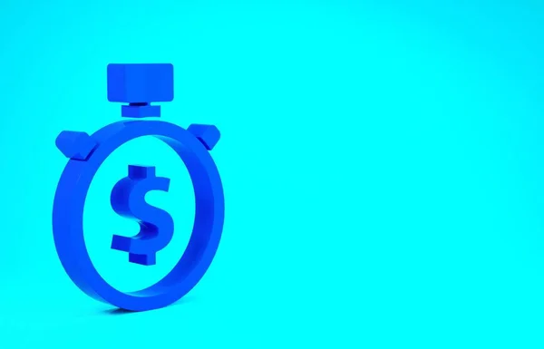 Blue Time es el icono del dinero aislado sobre fondo azul. El dinero es tiempo. Gestión eficaz del tiempo. Convertir tiempo en dinero. Cronómetro. Concepto minimalista. 3D ilustración 3D render —  Fotos de Stock