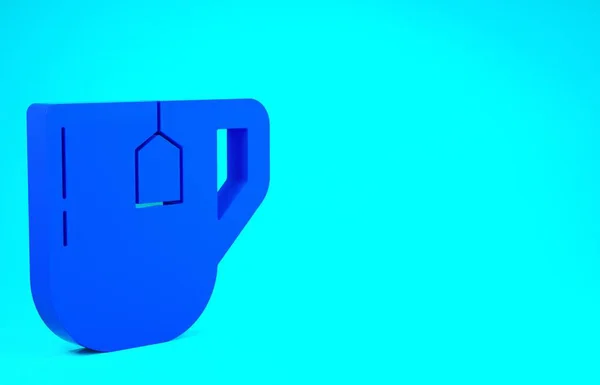 Голубая чашка чая с значком чайного пакетика на синем фоне. Концепция минимализма. 3D-рендеринг — стоковое фото