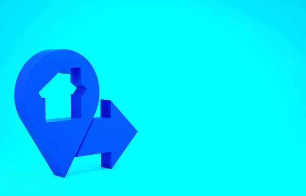 Blauer Kartenzeiger mit Haussymbol auf blauem Hintergrund. Markierungssymbol für den Wohnort. Minimalismus-Konzept. 3D Illustration 3D Renderer — Stockfoto