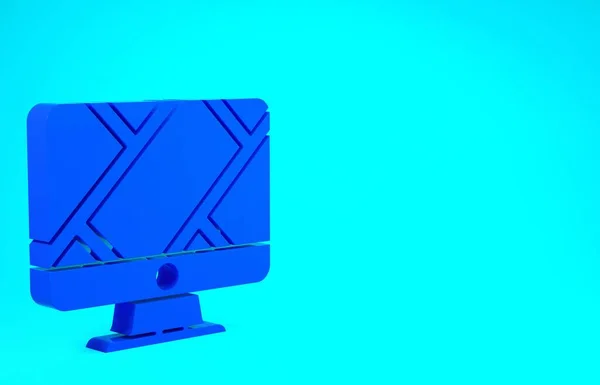 Синій комп'ютер монітор і складена карта з значком розташування ізольовані на синьому фоні. Концепція мінімалізму. 3D ілюстрація 3D рендеринга — стокове фото