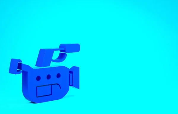 Ikona Blue Cinema kamery izolované na modrém pozadí. Videokamera. Filmová značka. Filmový projektor. Minimalismus. 3D ilustrace 3D vykreslení — Stock fotografie