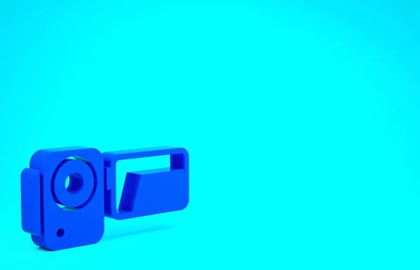 蓝色电影相机图标隔离在蓝色背景。摄像机。电影标志。电影放映机最低纲领的概念。3D渲染3D插图 — 图库照片