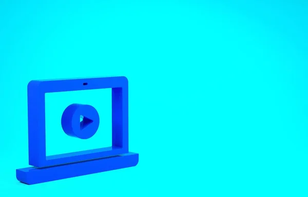 蓝色在线播放视频图标隔离在蓝色背景。带游戏标志的笔记本电脑和电影胶片。最低纲领的概念。3D渲染3D插图 — 图库照片